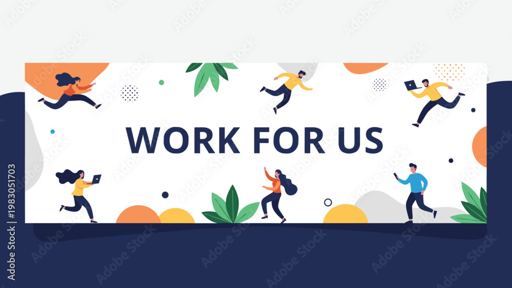 Fototapeta premium Vibrant recruitment banner titled WORK FOR US featuring energetic people jumping and running to join a dynamic team.