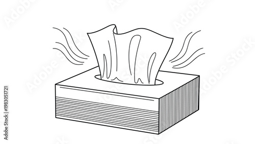 Simple outline drawing of a tissue box with two sheets protruding and wavy steam lines for cold and flu themes.