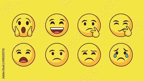 Collection of eight yellow emoji faces expressing various moods including surprise, laughter, sadness, and boredom.