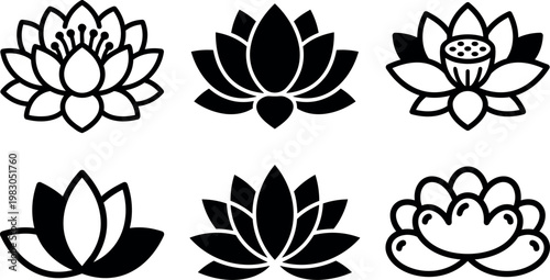 Black and white lotus flower icons set with petal and seed pod details