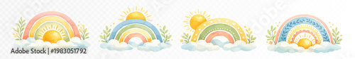 Watercolor rainbow set with shining sun, soft clouds and pastel sky tones, cheerful nursery style collection for baby design, children decor, greeting cards, stickers and invitations. Vector