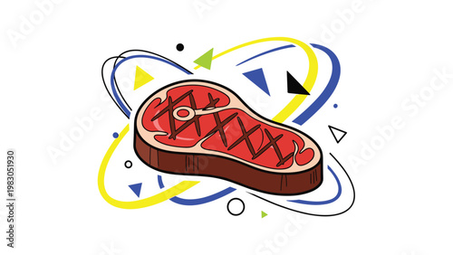 Grilled beef steak illustration surrounded by abstract geometric shapes and lines representing modern culinary arts and gourmet food presentation.