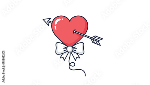 Bright red heart pierced by an arrow and decorated with a white bow representing romantic love, valentines day, and cupid mythological themes.