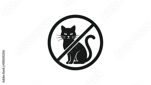 Prohibited sign with a black cat silhouette inside a circle with a diagonal slash indicating a no cats allowed policy or pet restrictions.