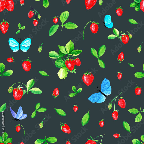 Seamless watercolor pattern with strawberries and blue butterflies on an anthracite background.