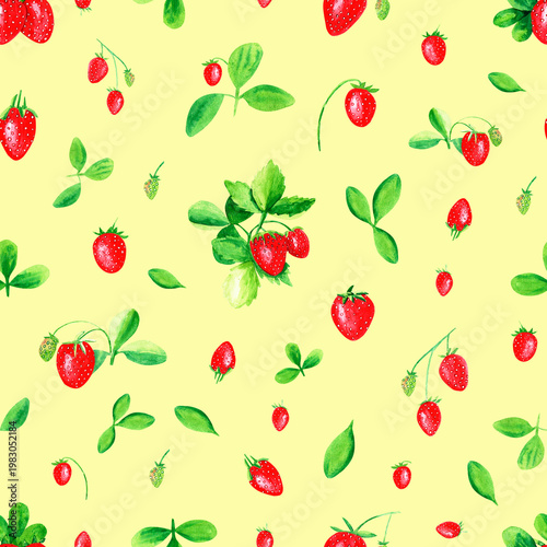 Seamless watercolor pattern with strawberries on a yellow background.