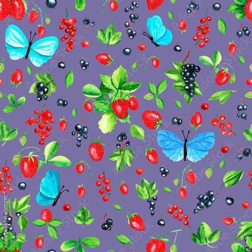 Seamless watercolor pattern with strawberries, black and red currants, blue butterflies on a blue background.