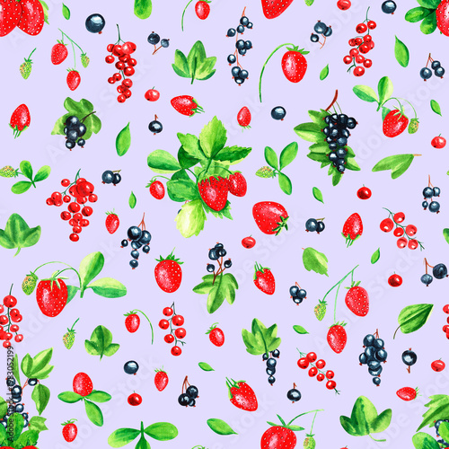 Seamless watercolor pattern with strawberries, black and red currants on a blue background.