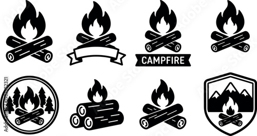 Black campfire with logs and fire flame icons in various badge styles