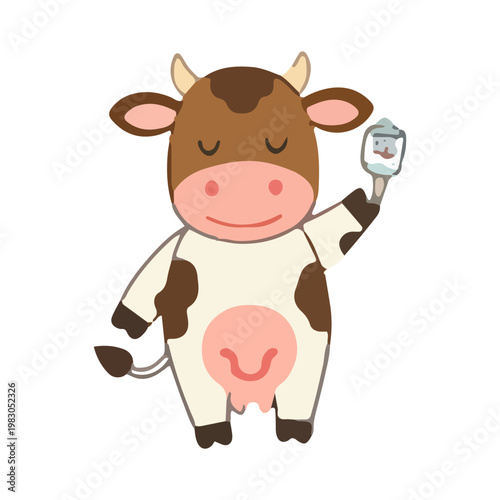 Cute cartoon cow holding milk