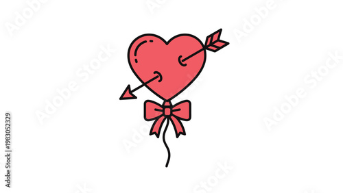Heart shape pierced by an arrow and tied with a ribbon bow in clean line art style representing romance, love, and valentines day themes.