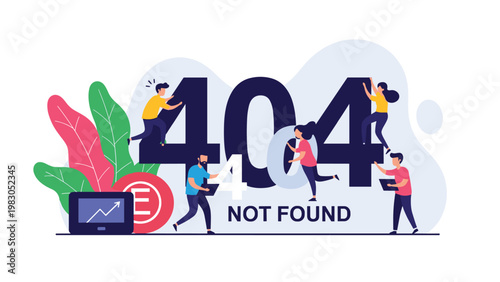 Digital error message 404 page not found concept with miniature characters fixing the broken website numbers and graph for web development.