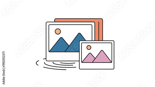 Stack of polaroid photographs featuring mountain landscapes with circular ripple patterns representing memory collection and digital galleries.