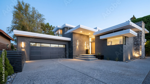 Residence exhibits a sleek modern architectural style with dark grey walls, illuminated wall sconces, and a wide gravel driveway during the twilight hour in a suburban area.