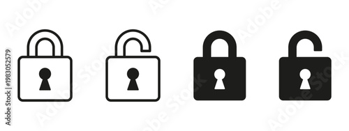 Set of black and line open and close padlock icons for security and protection concept. Locked and unlocked padlock signs Digital safety sign for access control and web interface. Vector illustration