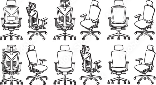 An illustrative series of modern ergonomic office chairs showcases an array of seating designs and angles.