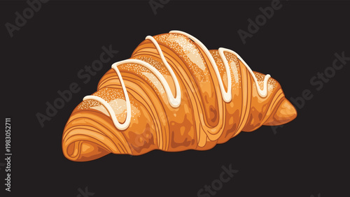 Freshly baked golden brown croissant with white icing drizzle on a dark background representing gourmet pastry and bakery shop products.