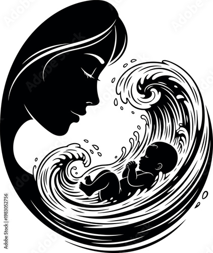 Mother And Baby Silhouette Inside Womb Water Art Illustration