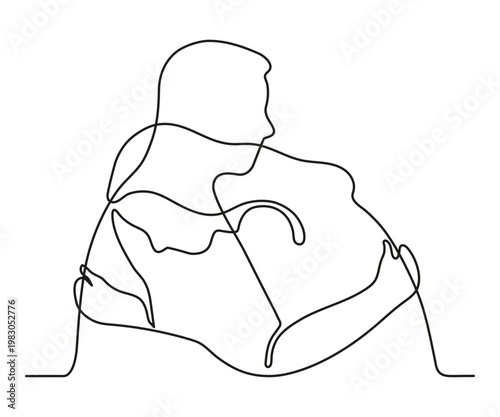 Woman hugging man minimalist continuous one line art drawing. Girl embrace boyfriend, husband or son. Love of couple, parenting, family bond, care protection. Continuous sketch. Vector illustration