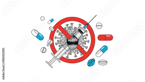 Medical syringe and various pills crossing out a virus cell representing vaccination, disease prevention, and antivirus medical treatments.