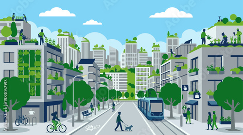This flat design illustration portrays a futuristic green city with buildings adorned with vertical gardens and green roofs, promoting sustainable urban living.