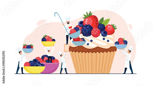 Team of bakers decorating a giant cupcake with various fresh berries and fruit to create a gourmet dessert for a celebration event or party.