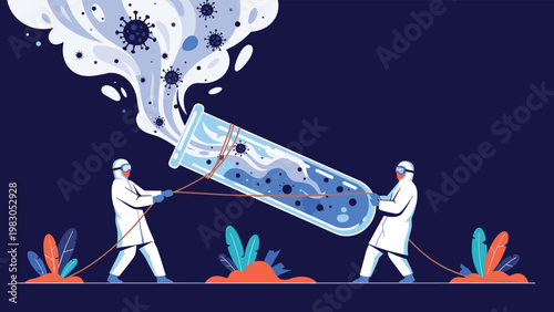 Scientists in protective suits working together to contain a viral outbreak from a giant laboratory test tube in flat design.