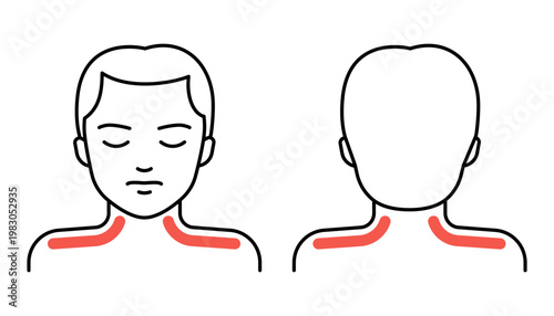 Man with muscle neck pain and shoulder pain, suffering from discomfort. Medical problem, injury, or symptom concept for healthcare. Vector illustration