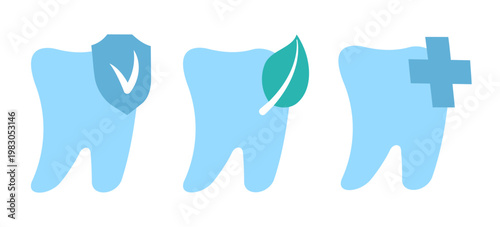 Blue teeth icons with protection shield, nature leaf and medical cross sign. Dental care symbols for oral hygiene, health clinic branding and dentistry infographic flat element. Vector illustration