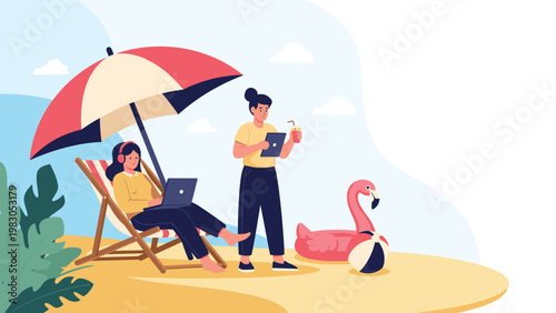 Modern remote work concept showing young women working with digital devices while relaxing on a sunny tropical beach setting.
