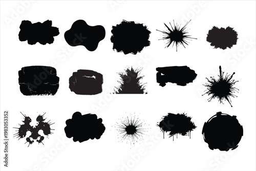 Black ink splatters, paint blobs, grunge textures, abstract effects, 15 black inkblots