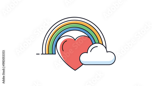 Red heart symbol decorated with a colorful rainbow and a soft white cloud in a clean flat vector illustration style.