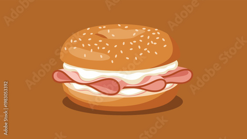 Delicious bagel sandwich filled with slices of ham and smooth cream cheese isolated on a warm brown background in flat art.