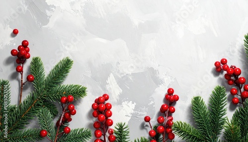 Festive composition of red berries and green pine branches on gray backdrop