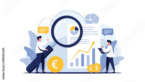 Professional business analysis team examining a document with data charts and coins through a large magnifying glass.