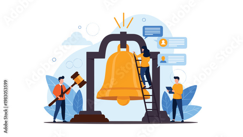 People around a large gold bell and gavel representing legal announcements and auction processes in a professional way.