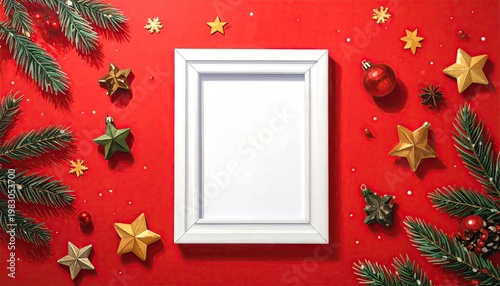 Festive red backdrop with a white picture frame and holiday decorations