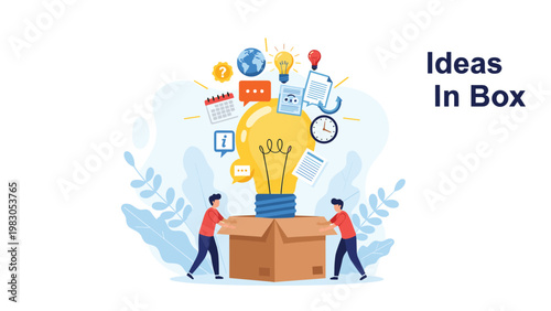 Innovation concept showing a massive light bulb with many symbols coming out of an Ideas In Box with workers collaborating.
