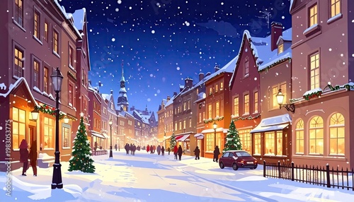 Snowy street scene at night, lit by warm lights and a starry sky