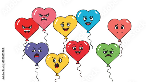 Collection of colorful heart shaped balloons featuring diverse facial expressions like happy, angry, sad, and surprised.