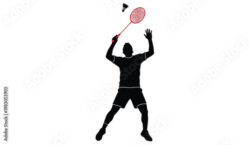 A dynamic depiction of a badminton player in mid swing reaching high to strike the shuttlecock presented as a silhouette high quality professional detailed