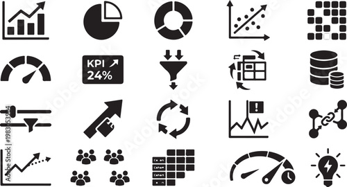 Collection of flat representing business analytics finance technology and data visualization concepts