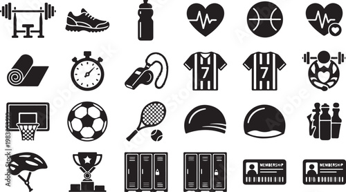Collection of black and white representing various activities and including sports fitness technology music and communication