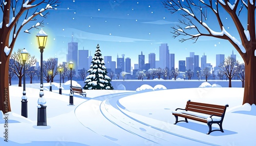 Winter scene, snow-covered park with a city skyline in the background