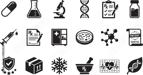 Collection of medical and pharmaceutical including pills capsules syringes and Rx symbols