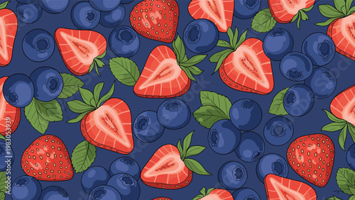 Seamless pattern background featuring vibrant red strawberries and blue blueberries scattered on a dark blue background for creative fabric design.