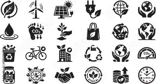 Ecofriendly sustainable living symbols recycling renewable energy zero waste carbon footprint eco-friendly