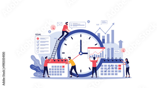 Time management conceptual illustration with people working around a giant clock, calendars, and goal charts to represent productivity and planning.