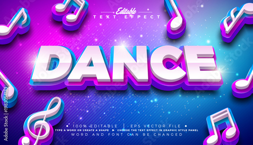Dance Editable Text Effect Design Vector Graphic Style with 3d Typography Lettering and Musical Notes on Fluorescent Background. Premium Party Celebration, Night Club or Festival Illustration Template