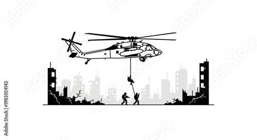 Helicopter Rescue Mission in Destroyed City Silhouette